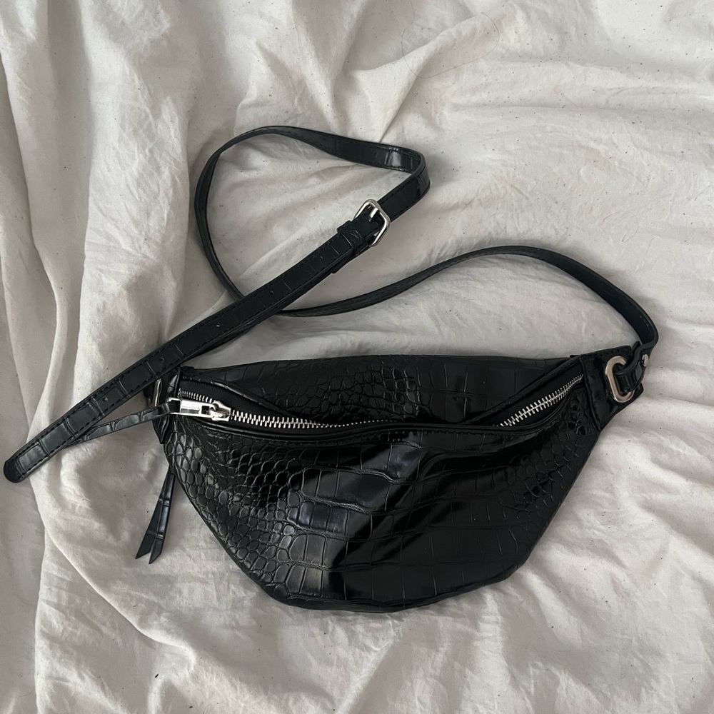Black Crocodile-Embossed Sling Bag